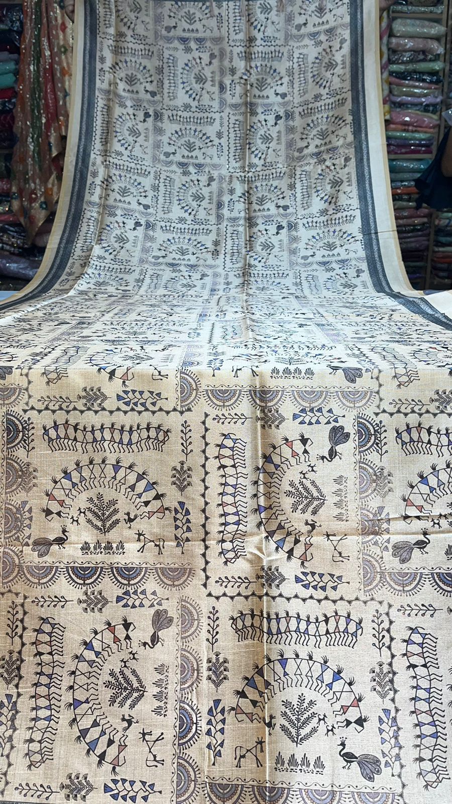 Dupatta - Chanderi Chinon Warli Print With Jhalar